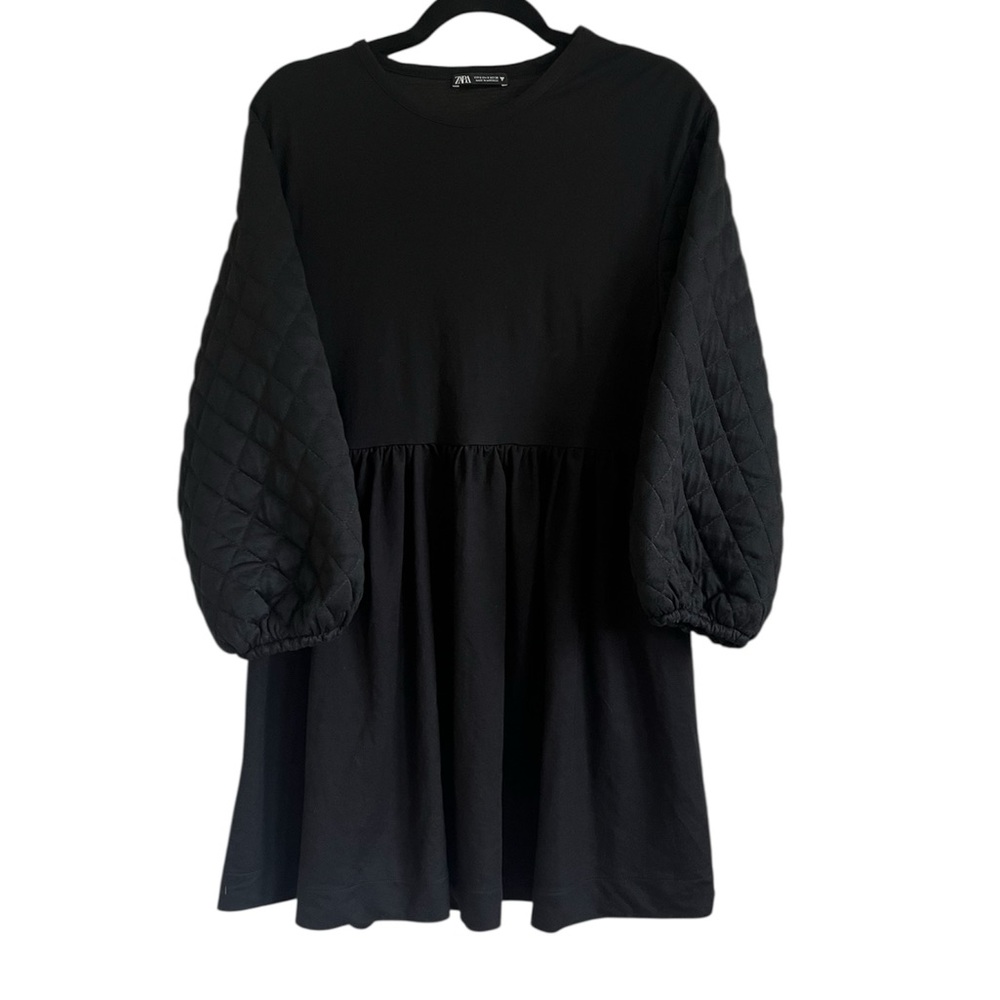 Zara Black Quilted Ballon Sleeve Dress Baby Doll mini size S